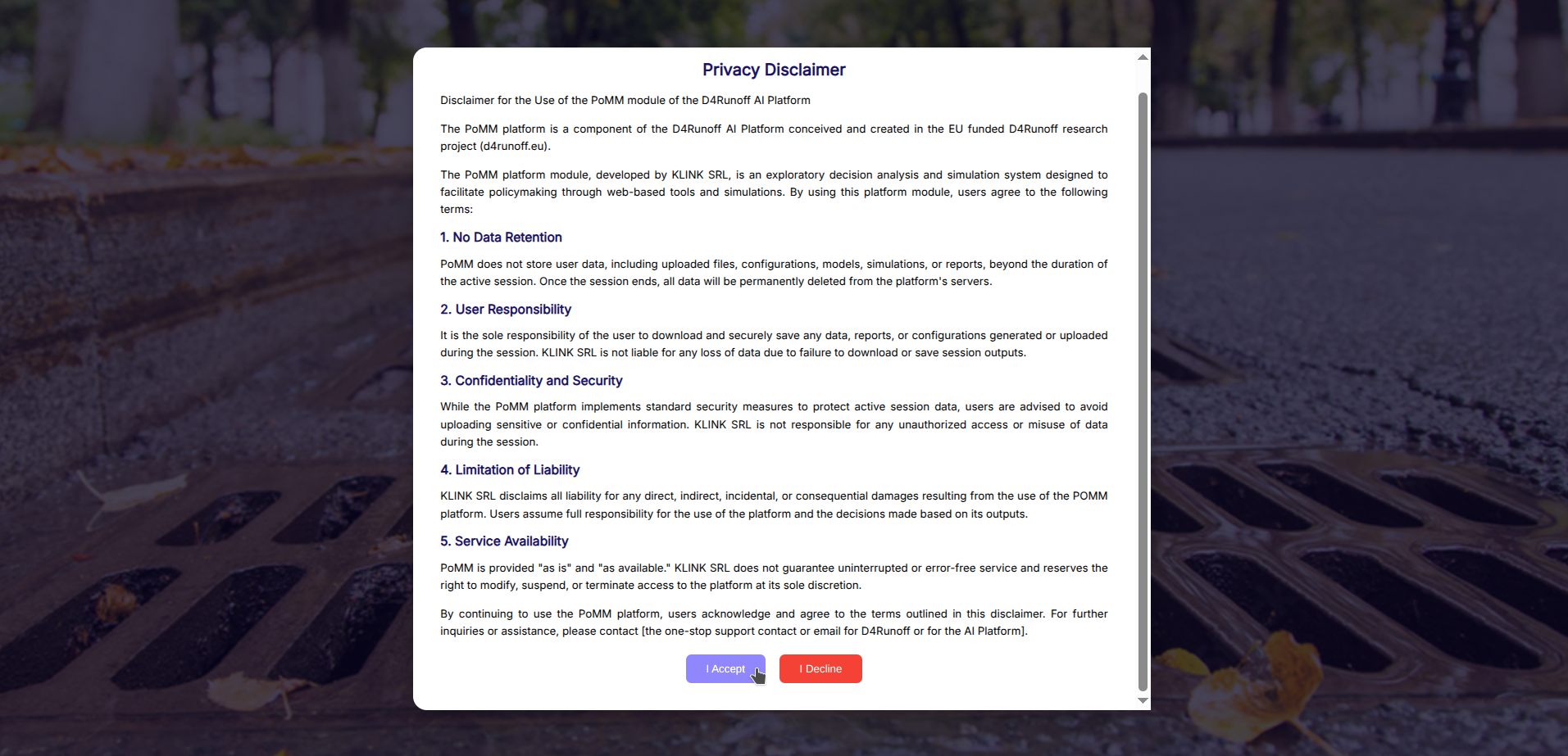 Fig. 1 - PoMM Privacy Disclaimer Acceptance